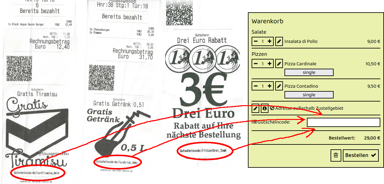 Beispiel für Gutscheincodes auf Rechnungszetteln von Al Capone in Wien Hernalser Hauptstraße 189 – drei Rechnungen mit individuellen Gutscheincodes, die im Online-Warenkorb des Restaurants eingegeben werden können.