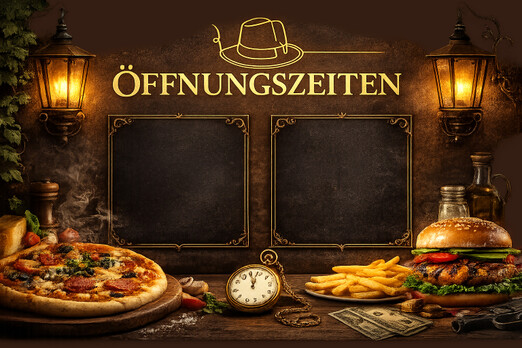 Öffnungszeiten Tafel im Mafia Pizzeria Stil mit Pizza, Burger und Uhr