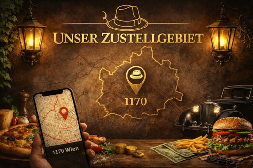 Zustellgebiet Wien 1170 Karte im Mafia Pizzeria Stil mit Pizza, Burger und Lieferung